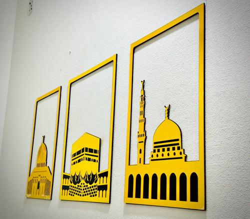 Kaba, Madina, Al Aqsa islamic wall frame gold acrylic home decor gift for muslims Pack of 3