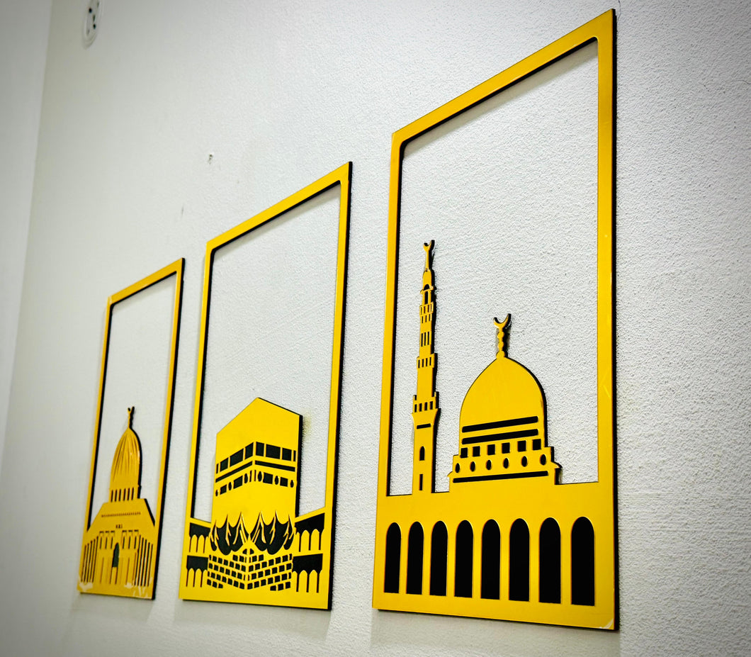 Kaba, Madina, Al Aqsa islamic wall frame gold acrylic home decor gift for muslims Pack of 3