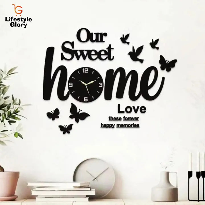 Lifestyle Glory Brand Butterflies and Sweet Home 3D Wooden Wall Clock I Wooden Wall Clock I Wall Clocks I Wall Clock For Bedroom I Wall Clock for Room I Wooden Wall Clock I Wooden Clock I Clocks I Clock